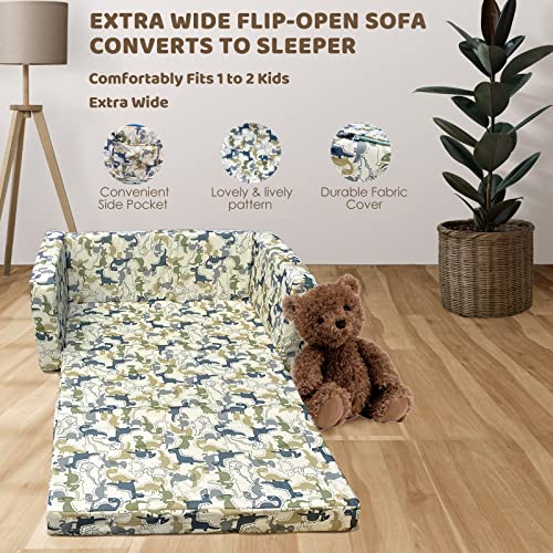 Truwelby Kids Sofa, Children's Extra Wide Convertible Sofa to Lounger - Extra Soft 2 Seats 2 in 1 Flip Open Chair & Sleeper, Cute Dinosaur Print Toddler Chair Kids Couch for Kids Girls Boys