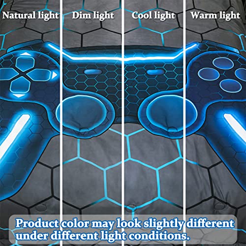 Tasselily Game Console Blue Comforter Set with Sheets, 6 Pcs Bed in A Bag Geometric Lightweight Boys Full Size Bedding Set for Kids Teens