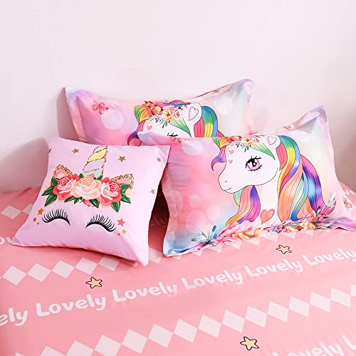 qjmiaofang Unicorn Comforter Set 6Pieces Pink Unicorn Bedding Set with Pink Sheets for Kids Girls Twin Size Flowers and Rainbow Hair Pattern Bed Set Lovely Unicorn Bed-in-a-Bag for Home Decor