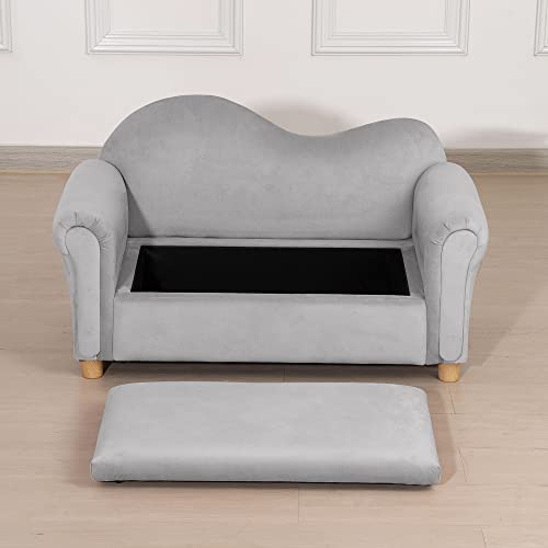 Qaba Ergonomic Foam Kids Sofa with Inner Toy Storage Chest, Velvet Kids Couch with Soft Arms, Children's Lounge Furniture, Grey