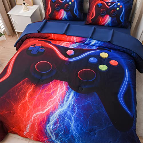 Meeting Story Gamer Gaming Bedding Sets Red-Blue Lightnings Gamepad Comforter Set for Boys Games Console Action Buttons Novelty Colorful Modern Room Decor Home Quilt Set (Red-Blue, Twin 5Pcs)