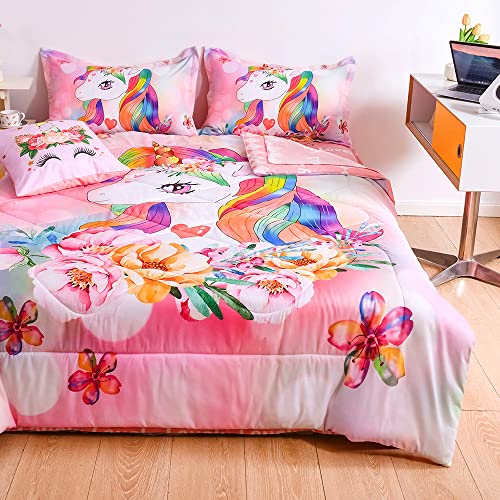 qjmiaofang Unicorn Comforter Set 6Pieces Pink Unicorn Bedding Set with Pink Sheets for Kids Girls Twin Size Flowers and Rainbow Hair Pattern Bed Set Lovely Unicorn Bed-in-a-Bag for Home Decor