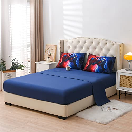 Meeting Story Gamer Gaming Bedding Sets Red-Blue Lightnings Gamepad Comforter Set for Boys Games Console Action Buttons Novelty Colorful Modern Room Decor Home Quilt Set (Red-Blue, Twin 5Pcs)