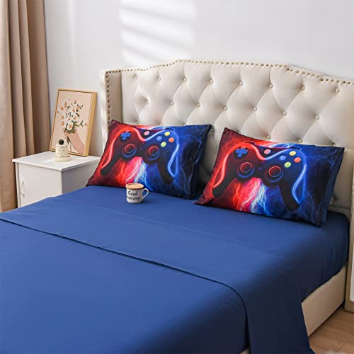 Meeting Story Gamer Gaming Bedding Sets Red-Blue Lightnings Gamepad Comforter Set for Boys Games Console Action Buttons Novelty Colorful Modern Room Decor Home Quilt Set (Red-Blue, Twin 5Pcs)