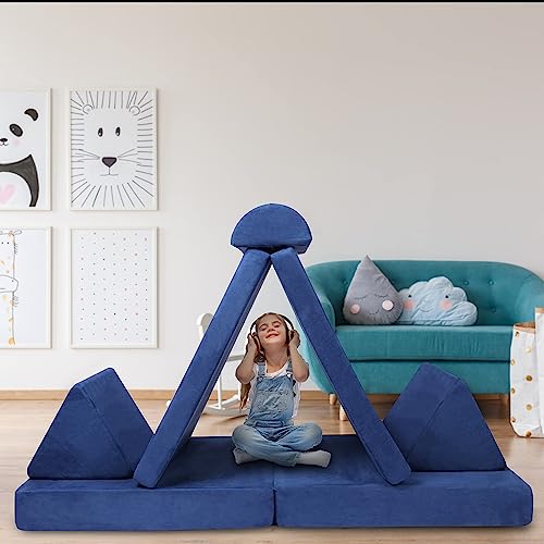 TOLEAD Play Couch for Kids Imaginative Furniture,6 pcs Kids Couch, Modular Sectional Sofa, Playhouse Play Set for Toddlers Babies, Girls and Boys Playroom Floor Sofa Large Blue