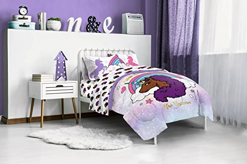 Afro Unicorn Unique, Divine, Magical 5 Piece Twin Size Bed Set - Includes Comforter & Sheet Set - Super Soft Kids Bedding Fade Resistant Microfiber (Official Product)