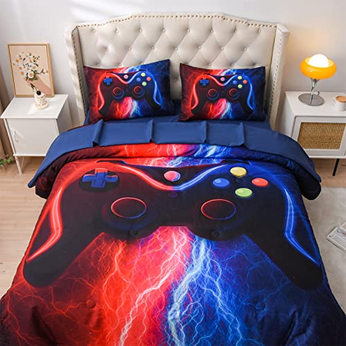 Meeting Story Gamer Gaming Bedding Sets Red-Blue Lightnings Gamepad Comforter Set for Boys Games Console Action Buttons Novelty Colorful Modern Room Decor Home Quilt Set (Red-Blue, Twin 5Pcs)