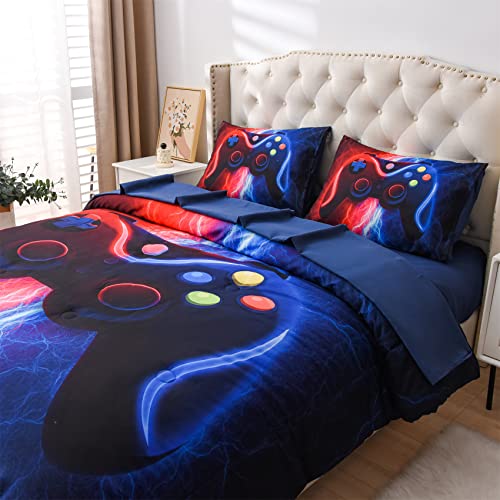 Meeting Story Gamer Gaming Bedding Sets Red-Blue Lightnings Gamepad Comforter Set for Boys Games Console Action Buttons Novelty Colorful Modern Room Decor Home Quilt Set (Red-Blue, Twin 5Pcs)