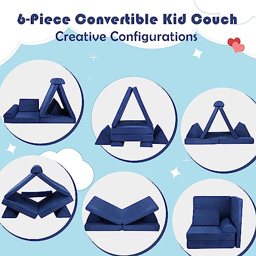 TOLEAD Play Couch for Kids Imaginative Furniture,6 pcs Kids Couch, Modular Sectional Sofa, Playhouse Play Set for Toddlers Babies, Girls and Boys Playroom Floor Sofa Large Blue