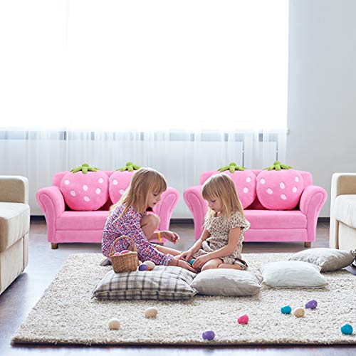 Costzon Kids Sofa, with 2 Cute Strawberry Pillows, Children Couch Armrest Chair Double Seats, Toddler Lounge Bed 2 in 1, Wooden Frame and Coral Fleece Surface for Bedroom, Living Room, Baby Room(Pink)