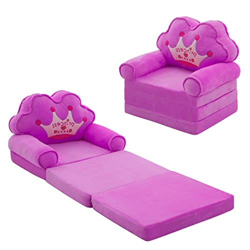 Toddler Sofa Foldable Chair Lounger Kids Couch Fold Out for 1 Year Old 2 in 1 Foldable Children Sofa Flip Open Sofa Bed for Living Room, Purple