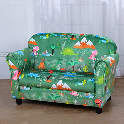 Yoonnie room Kid Sofa Chair,2-Seater Upholstered Kid Couch with Dinosaur Pattern Velvet Fabric for Children Gift(Green)