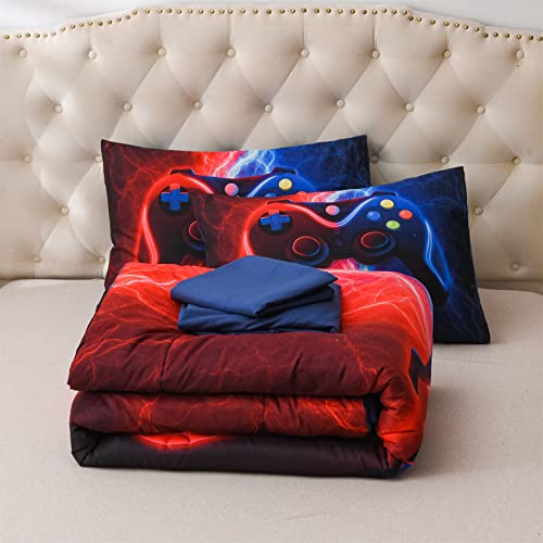 Meeting Story Gamer Gaming Bedding Sets Red-Blue Lightnings Gamepad Comforter Set for Boys Games Console Action Buttons Novelty Colorful Modern Room Decor Home Quilt Set (Red-Blue, Twin 5Pcs)
