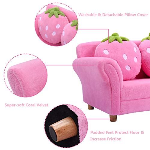 Costzon Kids Sofa, with 2 Cute Strawberry Pillows, Children Couch Armrest Chair Double Seats, Toddler Lounge Bed 2 in 1, Wooden Frame and Coral Fleece Surface for Bedroom, Living Room, Baby Room(Pink)