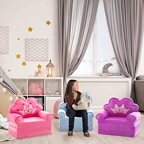 Toddler Sofa Foldable Chair Lounger Kids Couch Fold Out for 1 Year Old 2 in 1 Foldable Children Sofa Flip Open Sofa Bed for Living Room, Purple