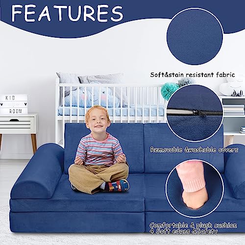TOLEAD Play Couch for Kids Imaginative Furniture,6 pcs Kids Couch, Modular Sectional Sofa, Playhouse Play Set for Toddlers Babies, Girls and Boys Playroom Floor Sofa Large Blue