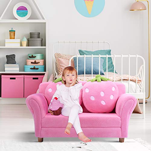 Costzon Kids Sofa, with 2 Cute Strawberry Pillows, Children Couch Armrest Chair Double Seats, Toddler Lounge Bed 2 in 1, Wooden Frame and Coral Fleece Surface for Bedroom, Living Room, Baby Room(Pink)