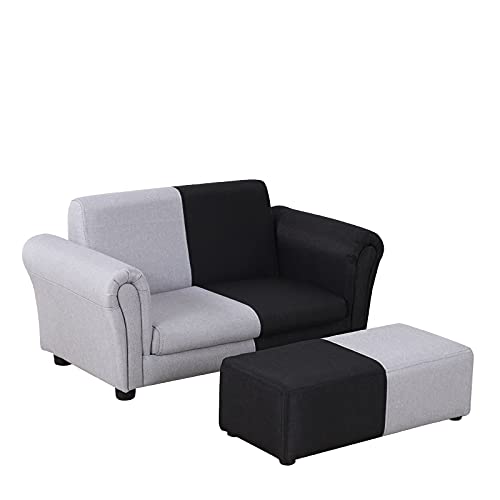 Yoonnie room Kid Couch/ 2-Seater Kid Sofa Chair with Big Ottoman/Toddler Couch with Linen Fabric/Big Children Sofa Couch for 0-3 Years (Black+ Grey)