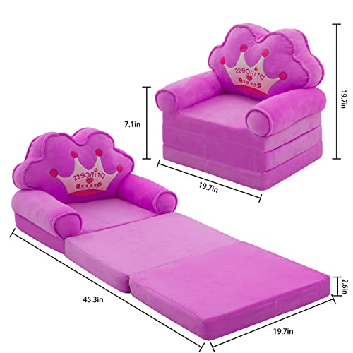 Toddler Sofa Foldable Chair Lounger Kids Couch Fold Out for 1 Year Old 2 in 1 Foldable Children Sofa Flip Open Sofa Bed for Living Room, Purple