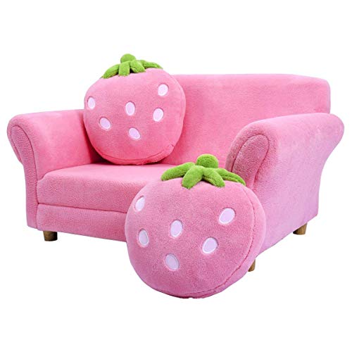 Costzon Kids Sofa, with 2 Cute Strawberry Pillows, Children Couch Armrest Chair Double Seats, Toddler Lounge Bed 2 in 1, Wooden Frame and Coral Fleece Surface for Bedroom, Living Room, Baby Room(Pink)