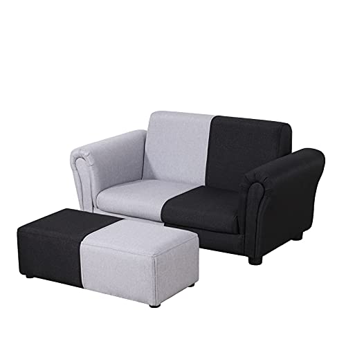 Yoonnie room Kid Couch/ 2-Seater Kid Sofa Chair with Big Ottoman/Toddler Couch with Linen Fabric/Big Children Sofa Couch for 0-3 Years (Black+ Grey)
