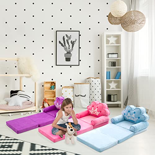 Toddler Sofa Foldable Chair Lounger Kids Couch Fold Out for 1 Year Old 2 in 1 Foldable Children Sofa Flip Open Sofa Bed for Living Room, Purple