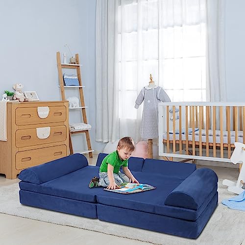 TOLEAD Play Couch for Kids Imaginative Furniture,6 pcs Kids Couch, Modular Sectional Sofa, Playhouse Play Set for Toddlers Babies, Girls and Boys Playroom Floor Sofa Large Blue