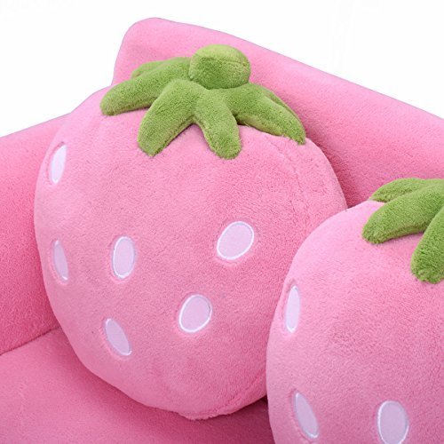 Costzon Kids Sofa, with 2 Cute Strawberry Pillows, Children Couch Armrest Chair Double Seats, Toddler Lounge Bed 2 in 1, Wooden Frame and Coral Fleece Surface for Bedroom, Living Room, Baby Room(Pink)