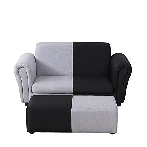 Yoonnie room Kid Couch/ 2-Seater Kid Sofa Chair with Big Ottoman/Toddler Couch with Linen Fabric/Big Children Sofa Couch for 0-3 Years (Black+ Grey)