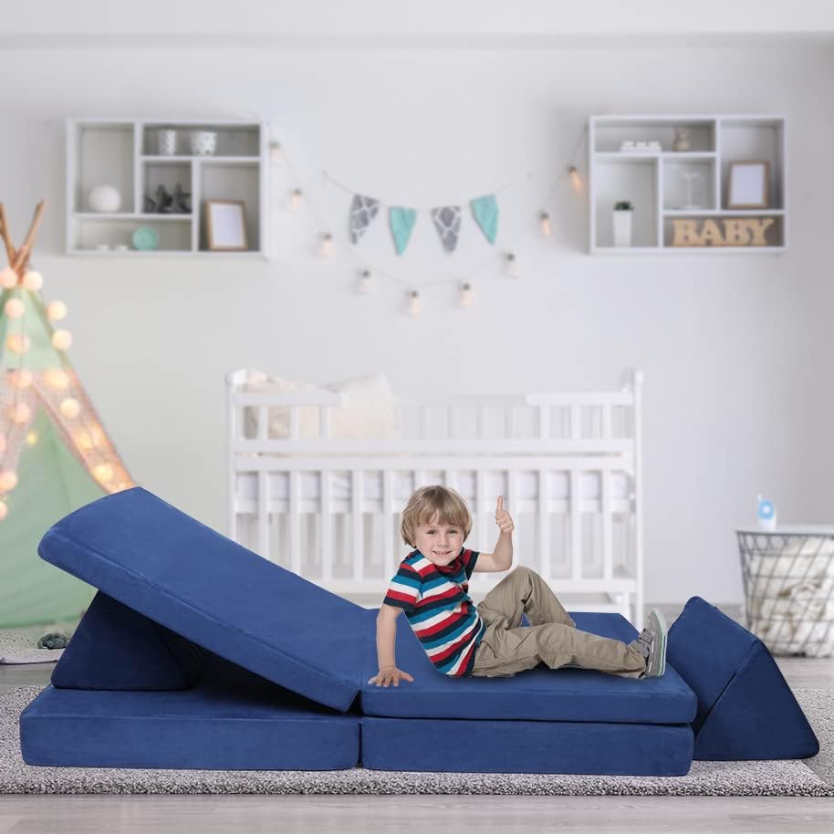TOLEAD Play Couch for Kids Imaginative Furniture,6 pcs Kids Couch, Modular Sectional Sofa, Playhouse Play Set for Toddlers Babies, Girls and Boys Playroom Floor Sofa Large Blue