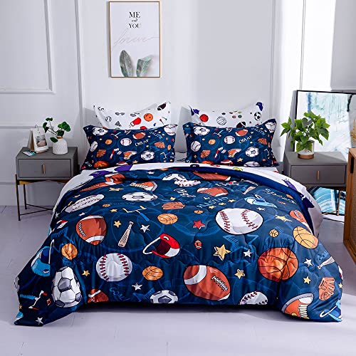Wajade Sports Comforter Set Bed in A Bag Twin Size 7 Piece 3D Soccer Basketball Baseball Football Bedding Set for Kids Boys (1 Comforter, 1 Flat Sheet, 1 Fitted Sheet, 2 Pillowcase and 2 Pillow Sham)