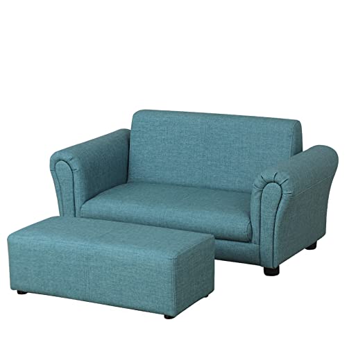 Getifun Kids Sofa Couch/PVC Leather Toddler Couch with Ottoman/Upholstered Children Armchair for Kids Under 4 Years Old/Double Kids Seat with Stool (Blue)
