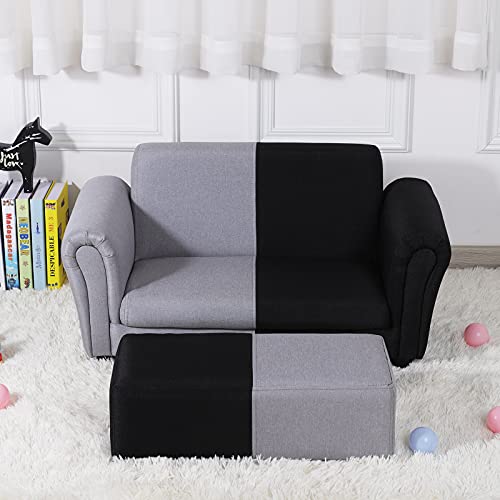 Yoonnie room Kid Couch/ 2-Seater Kid Sofa Chair with Big Ottoman/Toddler Couch with Linen Fabric/Big Children Sofa Couch for 0-3 Years (Black+ Grey)