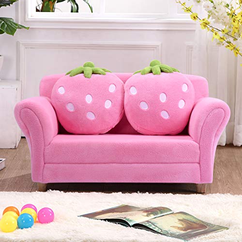 Costzon Kids Sofa, with 2 Cute Strawberry Pillows, Children Couch Armrest Chair Double Seats, Toddler Lounge Bed 2 in 1, Wooden Frame and Coral Fleece Surface for Bedroom, Living Room, Baby Room(Pink)
