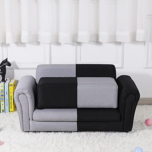 Yoonnie room Kid Couch/ 2-Seater Kid Sofa Chair with Big Ottoman/Toddler Couch with Linen Fabric/Big Children Sofa Couch for 0-3 Years (Black+ Grey)