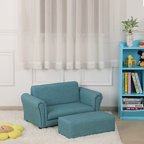Getifun Kids Sofa Couch/PVC Leather Toddler Couch with Ottoman/Upholstered Children Armchair for Kids Under 4 Years Old/Double Kids Seat with Stool (Blue)