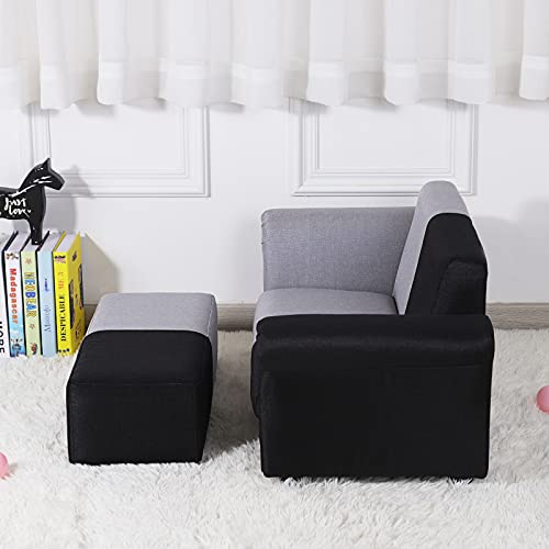 Yoonnie room Kid Couch/ 2-Seater Kid Sofa Chair with Big Ottoman/Toddler Couch with Linen Fabric/Big Children Sofa Couch for 0-3 Years (Black+ Grey)