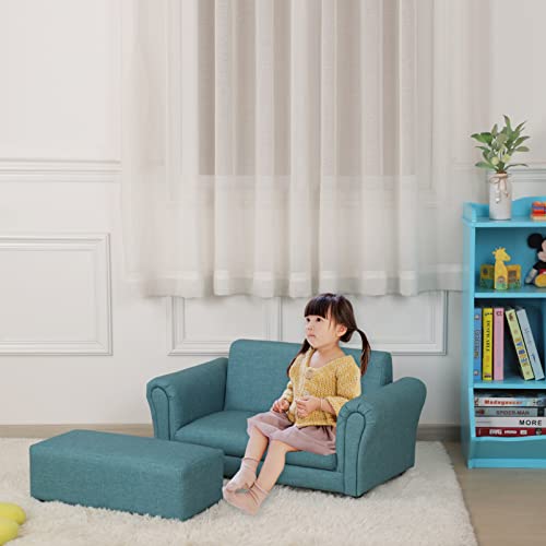 Getifun Kids Sofa Couch/PVC Leather Toddler Couch with Ottoman/Upholstered Children Armchair for Kids Under 4 Years Old/Double Kids Seat with Stool (Blue)