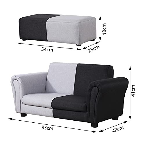 Yoonnie room Kid Couch/ 2-Seater Kid Sofa Chair with Big Ottoman/Toddler Couch with Linen Fabric/Big Children Sofa Couch for 0-3 Years (Black+ Grey)