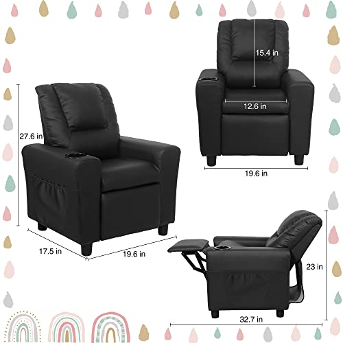 laidbksit Kids Recliner Chair,Toddler Recliner for 0-5 Years Old,Kids Recliner Chair with Cup Holder and Side Pocket for Childs,Mini Recliner Chair Suitable for Kid's Bedroom -Black Kids Recliner