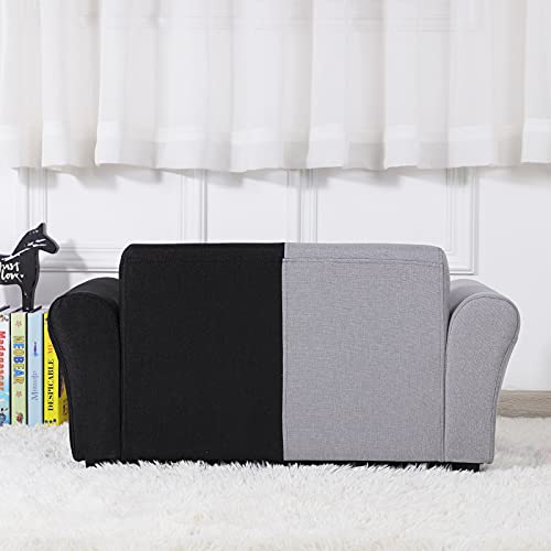 Yoonnie room Kid Couch/ 2-Seater Kid Sofa Chair with Big Ottoman/Toddler Couch with Linen Fabric/Big Children Sofa Couch for 0-3 Years (Black+ Grey)