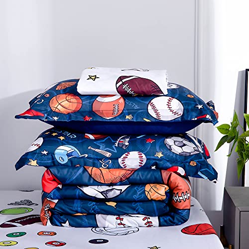 Wajade Sports Comforter Set Bed in A Bag Twin Size 7 Piece 3D Soccer Basketball Baseball Football Bedding Set for Kids Boys (1 Comforter, 1 Flat Sheet, 1 Fitted Sheet, 2 Pillowcase and 2 Pillow Sham)
