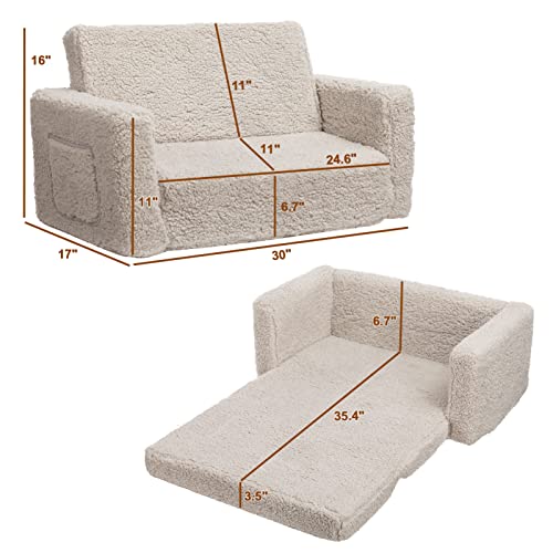 ALIMORDEN 2-in-1 Flip Out Extra Wide Cuddly Sherpa Toddler Couch, Convertible Sofa to Lounger, Cream