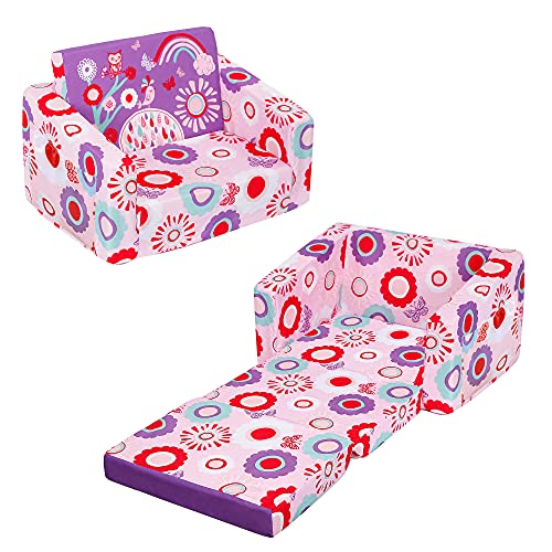 MallBest Kids Sofas Children's Sofa Bed Baby's Upholstered Couch Sleepover Chair Flipout Open Recliner(Pink/Flowers)
