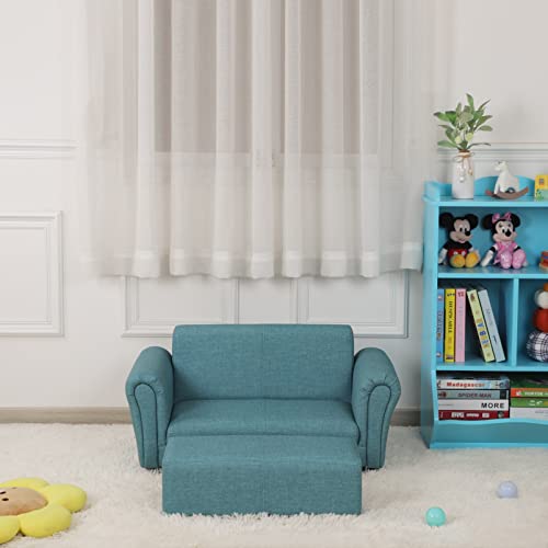Getifun Kids Sofa Couch/PVC Leather Toddler Couch with Ottoman/Upholstered Children Armchair for Kids Under 4 Years Old/Double Kids Seat with Stool (Blue)