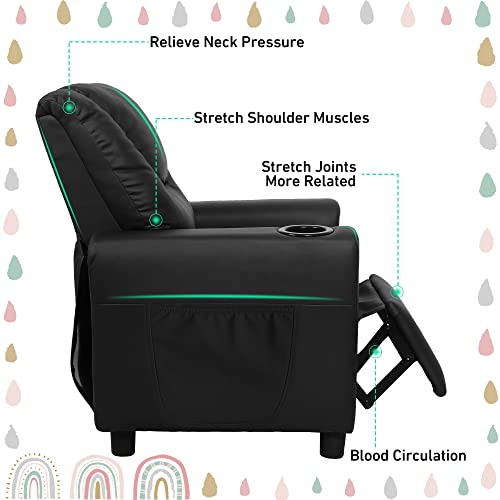 laidbksit Kids Recliner Chair,Toddler Recliner for 0-5 Years Old,Kids Recliner Chair with Cup Holder and Side Pocket for Childs,Mini Recliner Chair Suitable for Kid's Bedroom -Black Kids Recliner