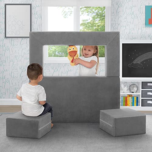 Delta Children Convertible Sofa and Play Set for Kids and Toddlers Modular Foam Couch and Flip Out Lounger with 2 Ottomans, Grey