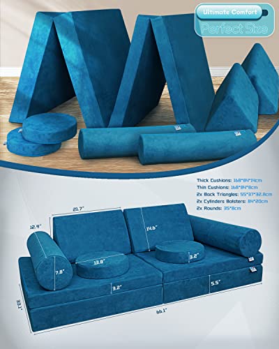 CHxxy Kids Couch (Large Size),Fold Out Modula Kids Sofa for Playroom Bedroom,Original Furniture Play Set for Children,Toddlers Couch for Playing,Creativing, Sleeping(Coral Blue)