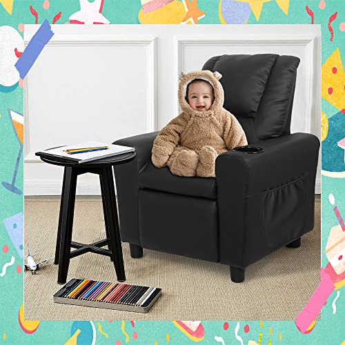 laidbksit Kids Recliner Chair,Toddler Recliner for 0-5 Years Old,Kids Recliner Chair with Cup Holder and Side Pocket for Childs,Mini Recliner Chair Suitable for Kid's Bedroom -Black Kids Recliner