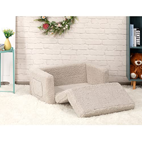ALIMORDEN 2-in-1 Flip Out Extra Wide Cuddly Sherpa Toddler Couch, Convertible Sofa to Lounger, Cream
